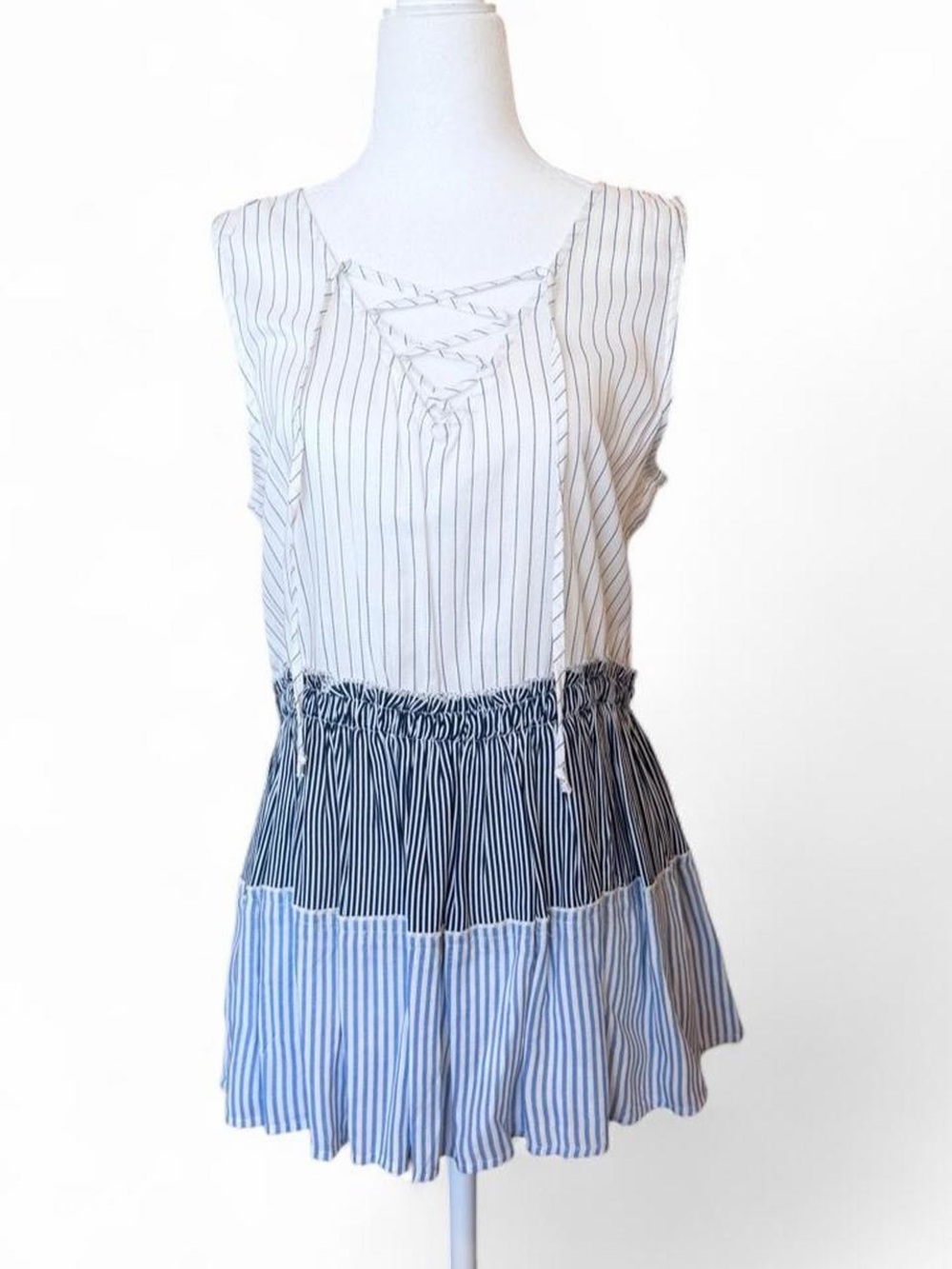 Striped Lace-Up Tiered Sleeveless dress - Blue & White